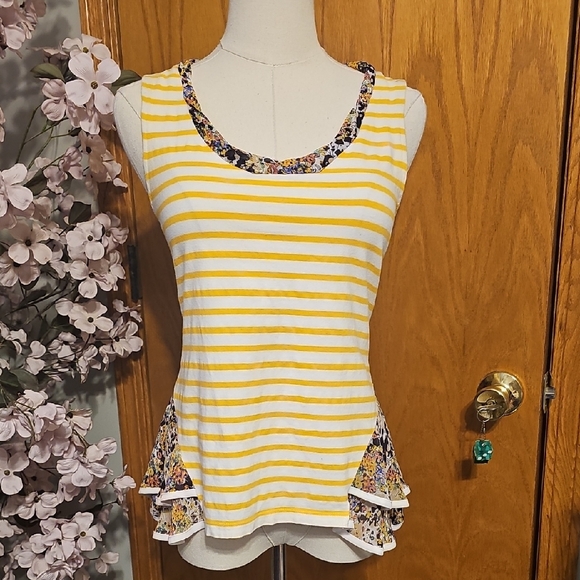 Anthropologie Tops - Anthropologie Yellow and White Striped Tank with Floral Trim